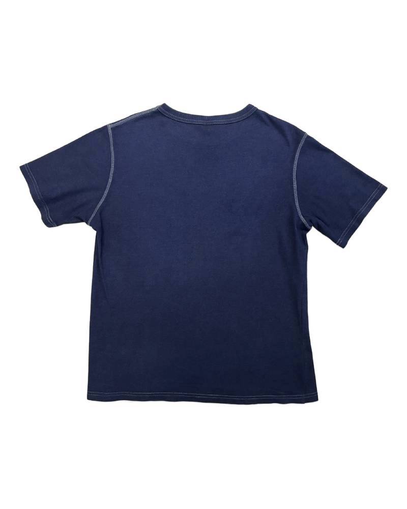 S_St.GALLEN? SWITZERLAND? -左胸レーヨンフロック-半袖Tシャツ-ネイビー染め　【サイズL相当】