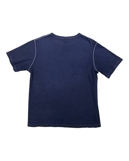 S_St.GALLEN? SWITZERLAND? -左胸レーヨンフロック-半袖Tシャツ-ネイビー染め　【サイズL相当】
