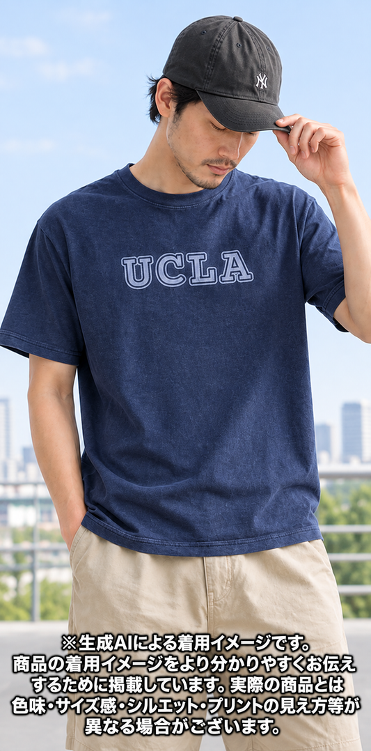 レターシリーズ「UCLA」　レーヨンフロックTシャツ-ネイビー染め【サイズＭ相当】