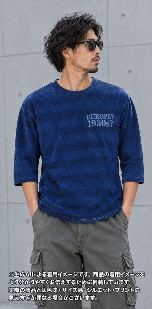 S_EUROPE?-1930s?-College-左　レーヨンフロック5部袖Tシャツ-ネイビー染め【サイズＭ相当】