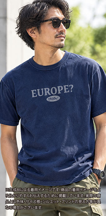 C_EUROPE?-1930s?-College　レーヨンフロックTシャツ-ネイビー染め　【サイズL相当】