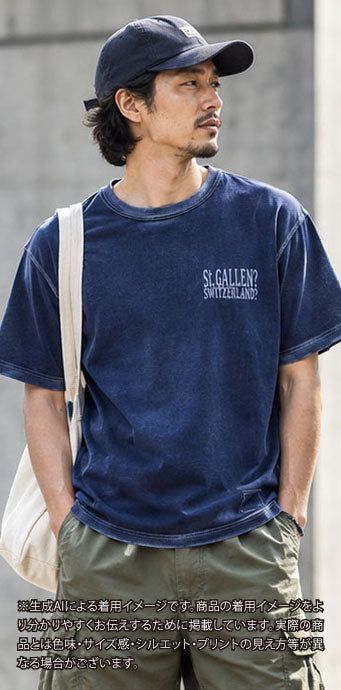 S_St.GALLEN? SWITZERLAND? -左胸レーヨンフロック-半袖Tシャツ-ネイビー染め　【サイズL相当】