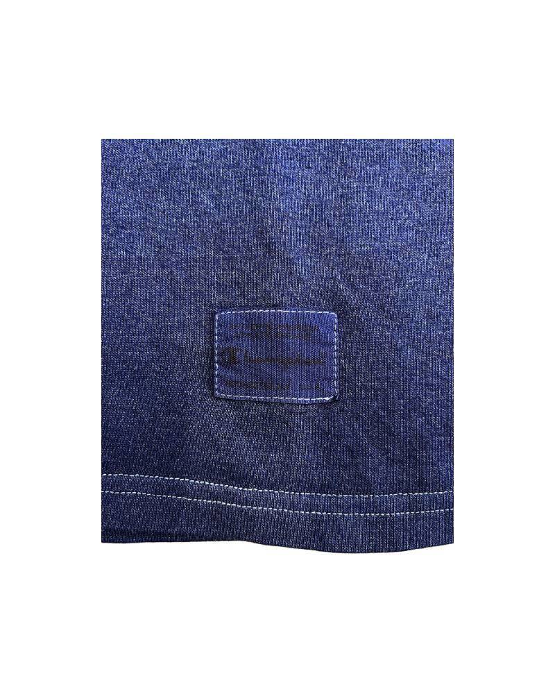 S_St.GALLEN? SWITZERLAND? -左胸レーヨンフロック-半袖Tシャツ-ネイビー染め　【サイズL相当】