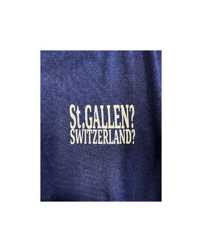 S_St.GALLEN? SWITZERLAND? -左胸レーヨンフロック-半袖Tシャツ-ネイビー染め　【サイズL相当】