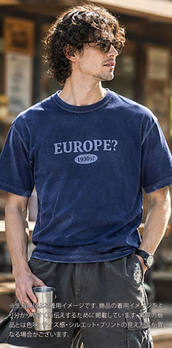 C_EUROPE?-1930s?-College　レーヨンフロックTシャツ-ネイビー染め　【サイズL相当】