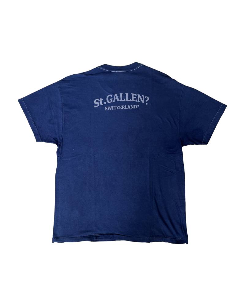 C_ST.GALLEN？SWITZERLAND？－バックプリント－レーヨンフロックTシャツ－ネイビー　【サイズL~XL相当】