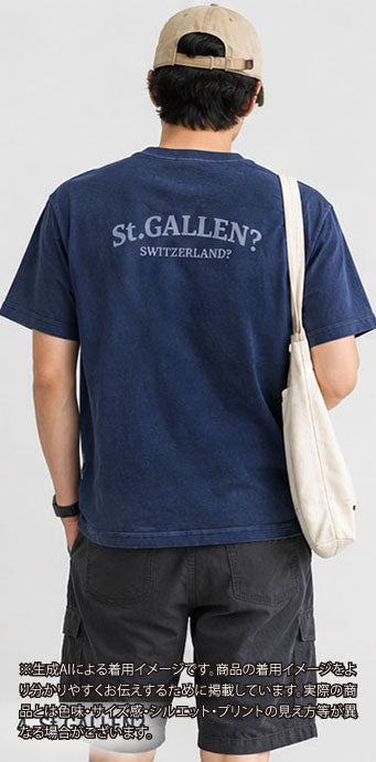 C_ST.GALLEN？SWITZERLAND？－バックプリント－レーヨンフロックTシャツ－ネイビー　【サイズL~XL相当】