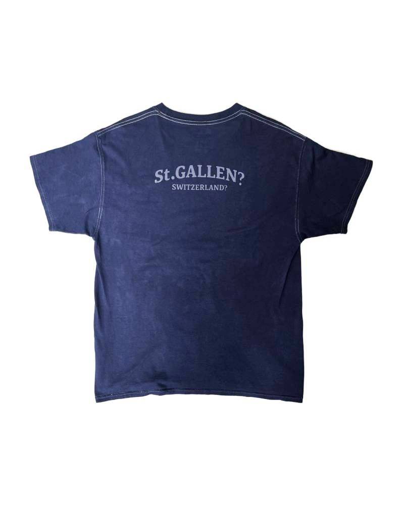 C_ST.GALLEN？SWITZERLAND？－バックプリント－レーヨンフロックTシャツ－ネイビー　【サイズXL相当】