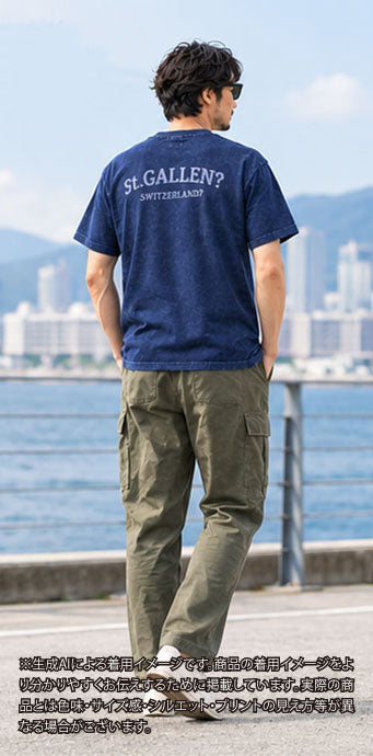 C_ST.GALLEN？SWITZERLAND？－バックプリント－レーヨンフロックTシャツ－ネイビー　【サイズXL相当】