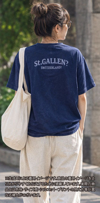 C_ST.GALLEN？SWITZERLAND？－バックプリント－レーヨンフロックTシャツ－ネイビー　【サイズXL相当】