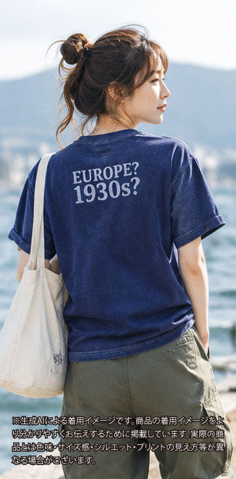 LG_EUROPE?-1930s?-College-バックプリント-レーヨンフロックTシャツ-ネイビー染め　【サイズL相当】