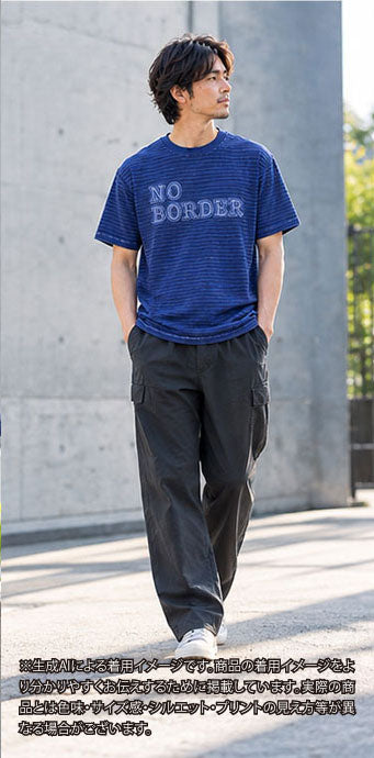 レターシリーズ「NO BORDER」　レーヨンフロックTシャツ-ネイビー染め【サイズXL相当】