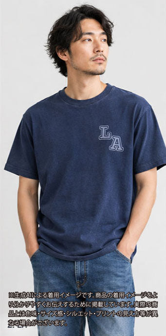 レターシリーズ「LA」　レーヨンフロックTシャツ-ネイビー染め【サイズL相当】