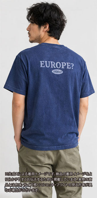 C_EUROPE?-1930s?-College-バックプリント-　レーヨンフロック半袖Tシャツ-ネイビー染め　【サイズM相当】