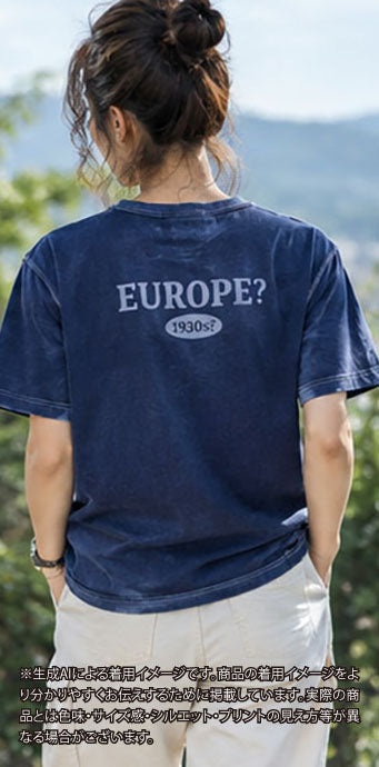 C_EUROPE?-1930s?-College-バックプリント-　レーヨンフロック半袖Tシャツ-ネイビー染め　【サイズM相当】