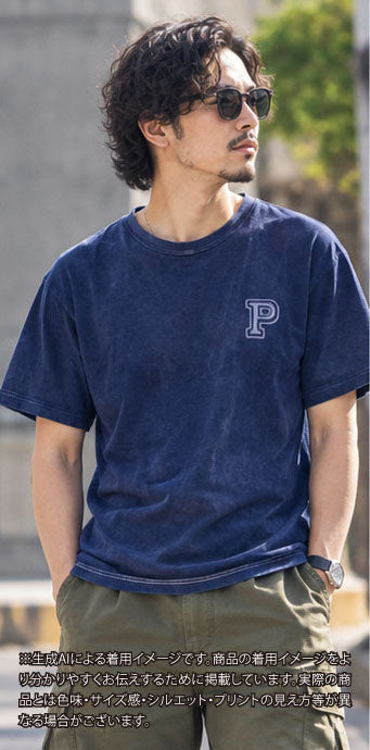 レターシリーズ「P」　レーヨンフロックTシャツ-ネイビー染め　【サイズS～M相当】